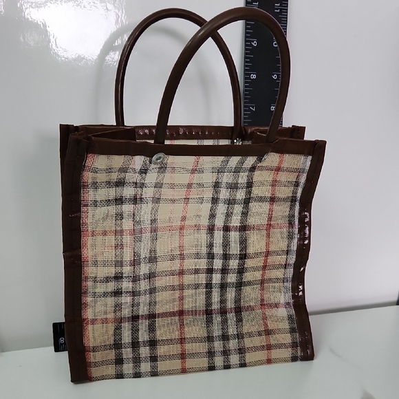 Handbags - Plaid Mini Tote Bag with Brown Trim